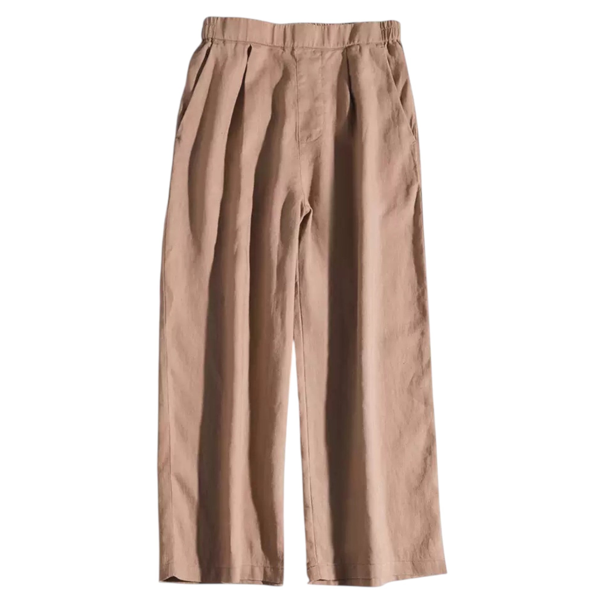 Beige pure linen wide-leg cropped pants for women