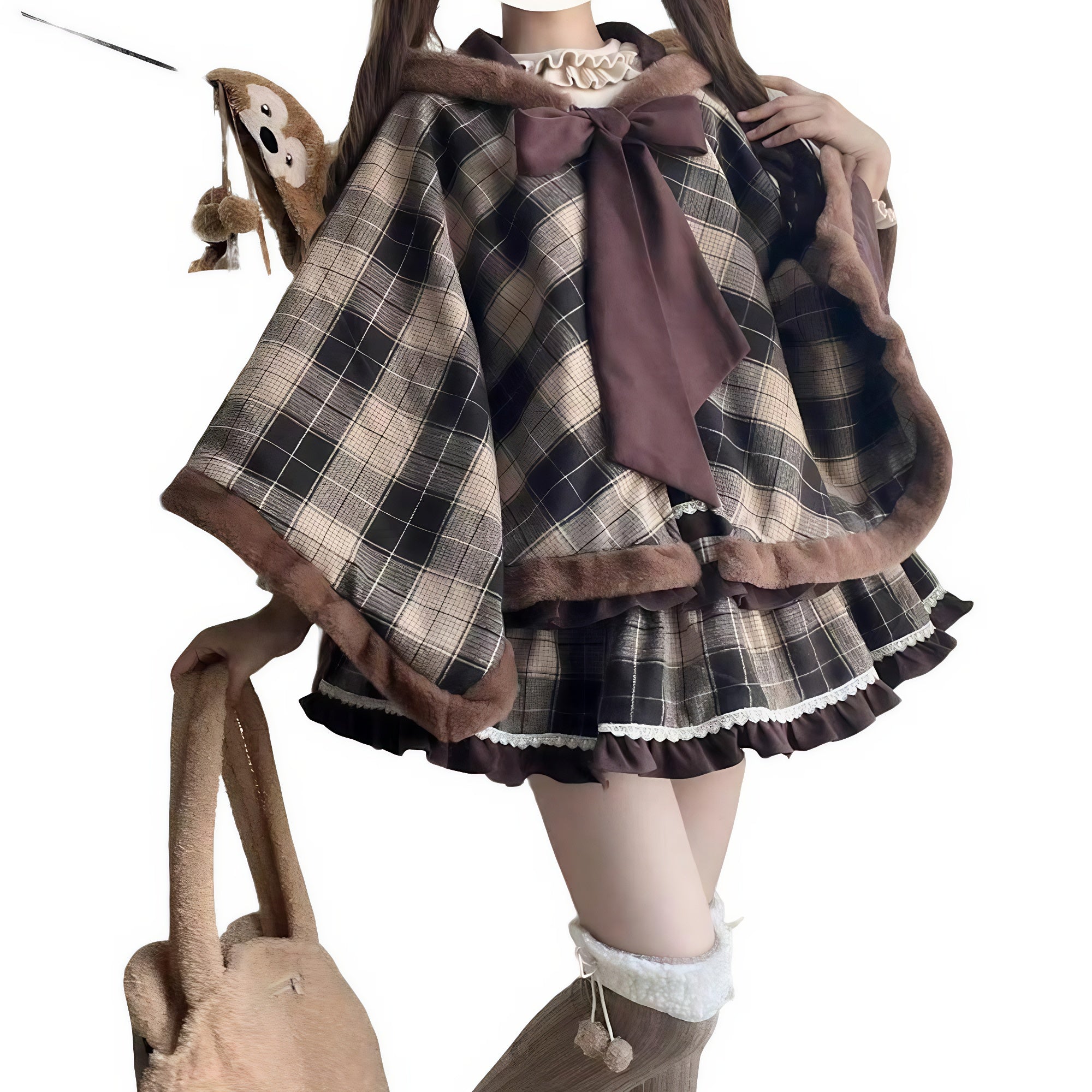Matching plaid winter cape with large bow and fur trim