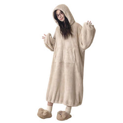 Winter warm plush loungewear robe with hood and big pocket