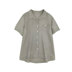 Women’s olive green short sleeve button-down shirt made of breathable linen fabric, featuring chest pocket and relaxed fit