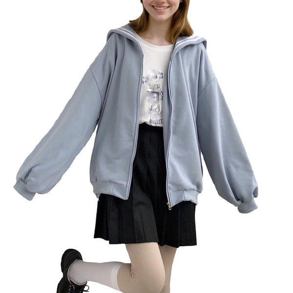 women keep warm winter zipper hooded coat with navy sailor collar blue