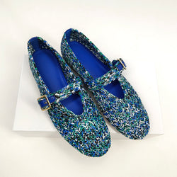 Blue Green Woven Mary Jane Flats with Buckle Strap, Handmade Shoes for Women