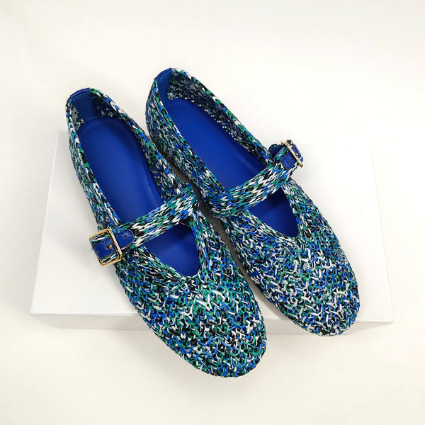 Blue Green Woven Mary Jane Flats with Buckle Strap, Handmade Shoes for Women