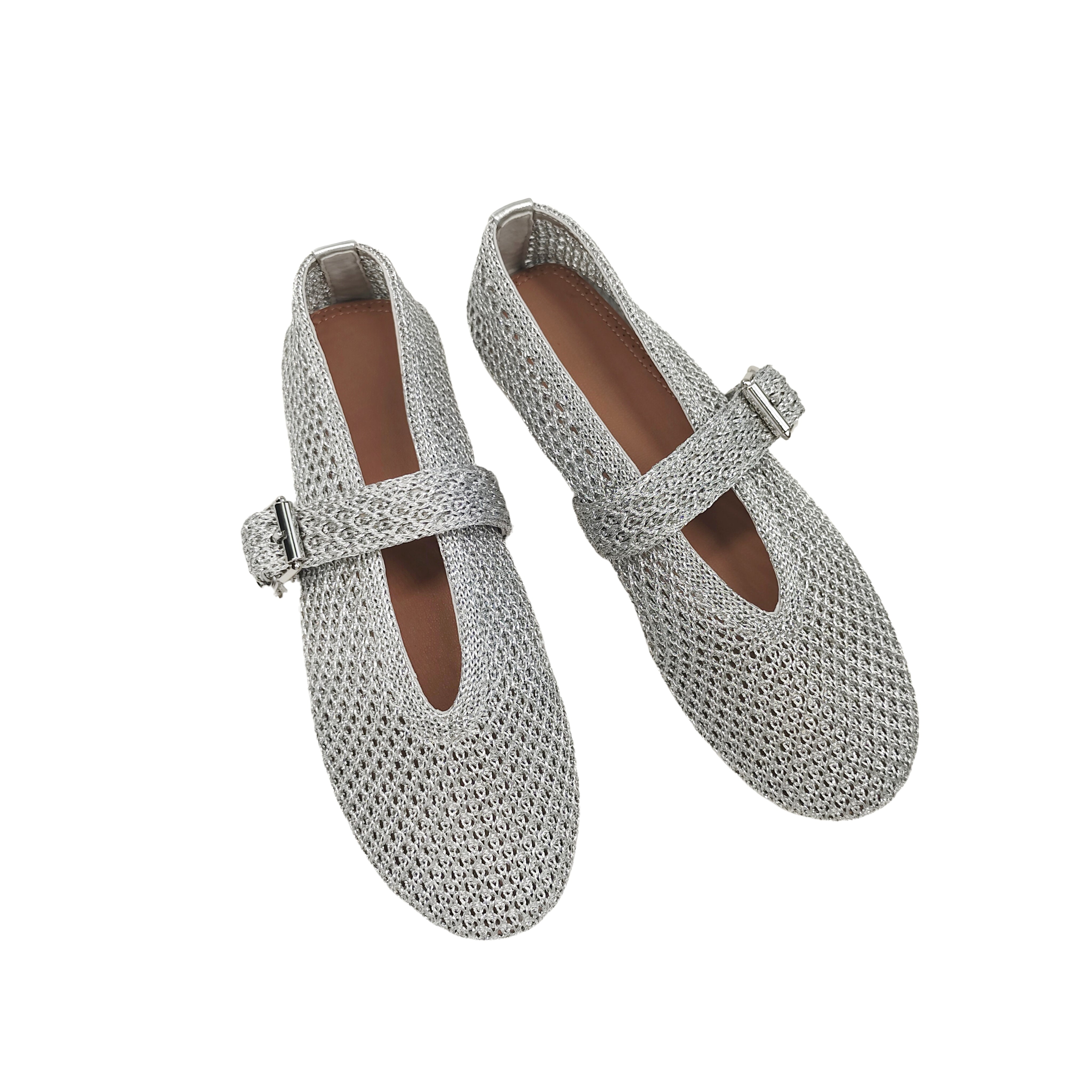Handmade PP Woven Knit Mary Jane Flats – Silver