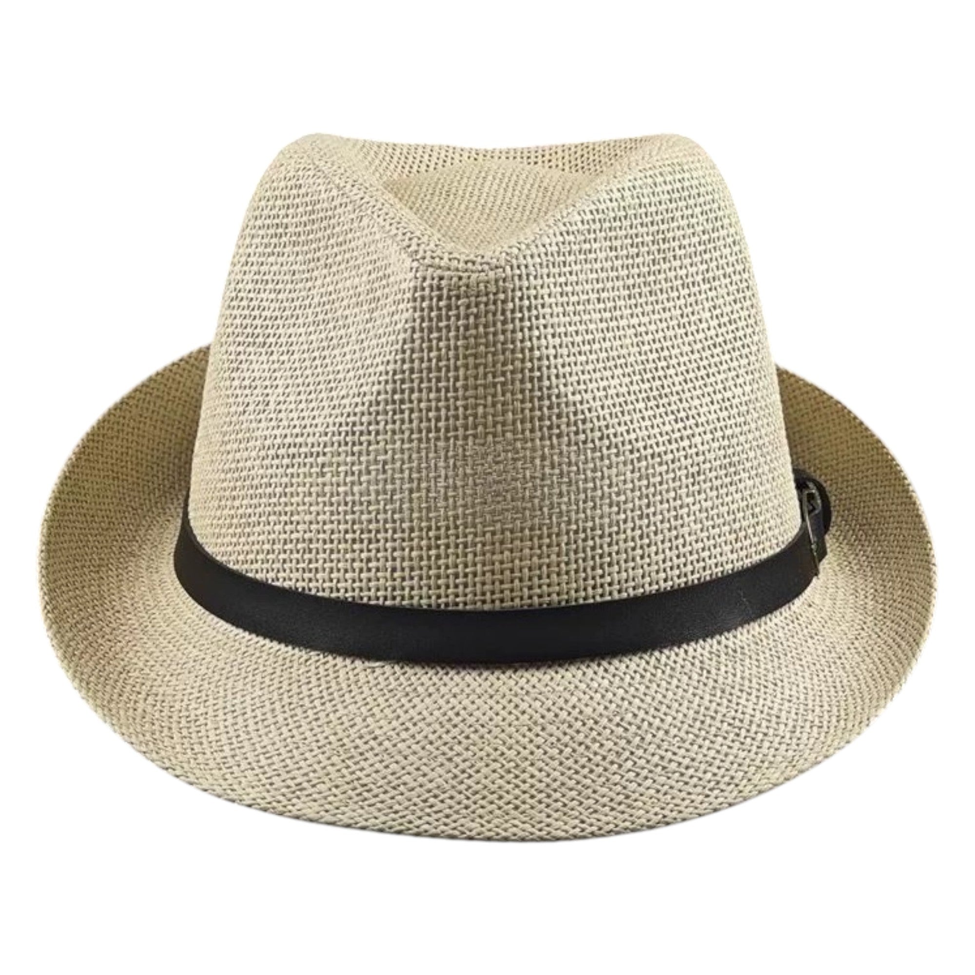 Beige summer straw fedora hat for men with wide brim