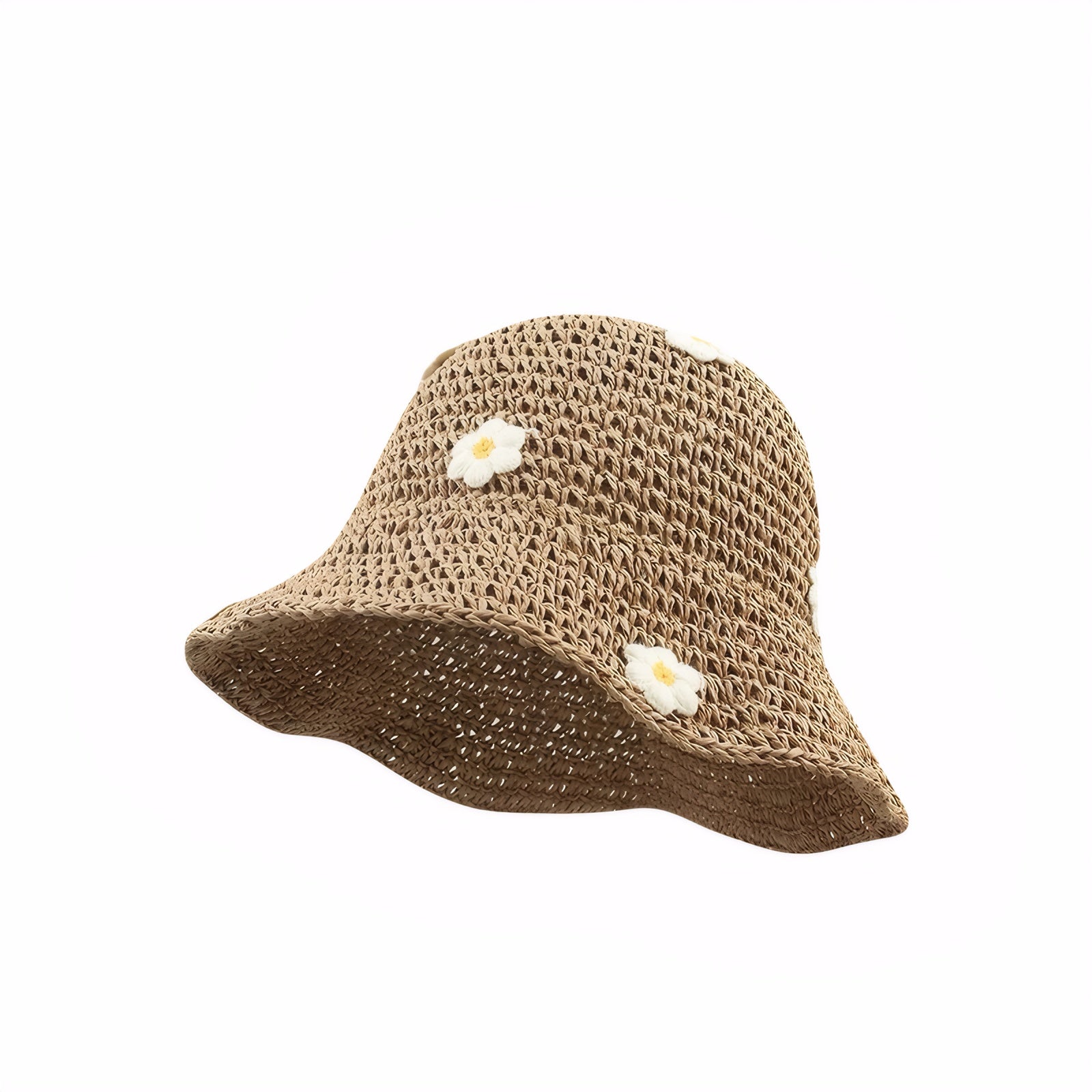 Breathable woven straw bucket hat with embroidered flowers for summer