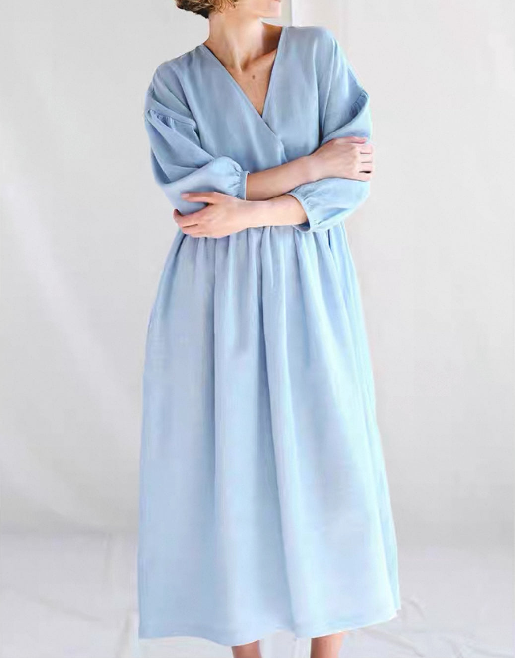 100% Linen Puff Sleeve Wrap Dress V-Neck 3/4 Sleeve Midi Long Dress Vintage Boho Style