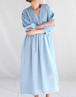 100% Linen Puff Sleeve Wrap Dress V-Neck 3/4 Sleeve Midi Long Dress Vintage Boho Style