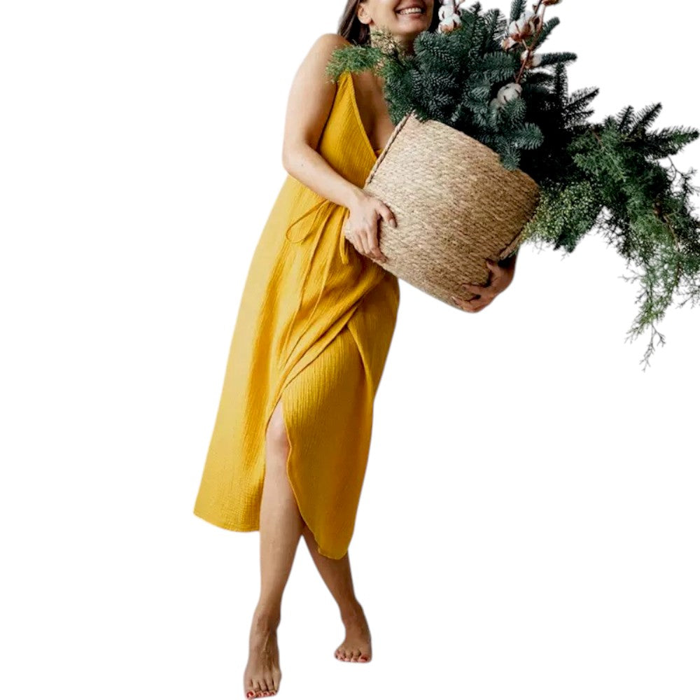 Women’s Sleeveless Cotton Gauze Wrap Midi Dress Backless Spaghetti Strap Summer Sundress with Waist Tie