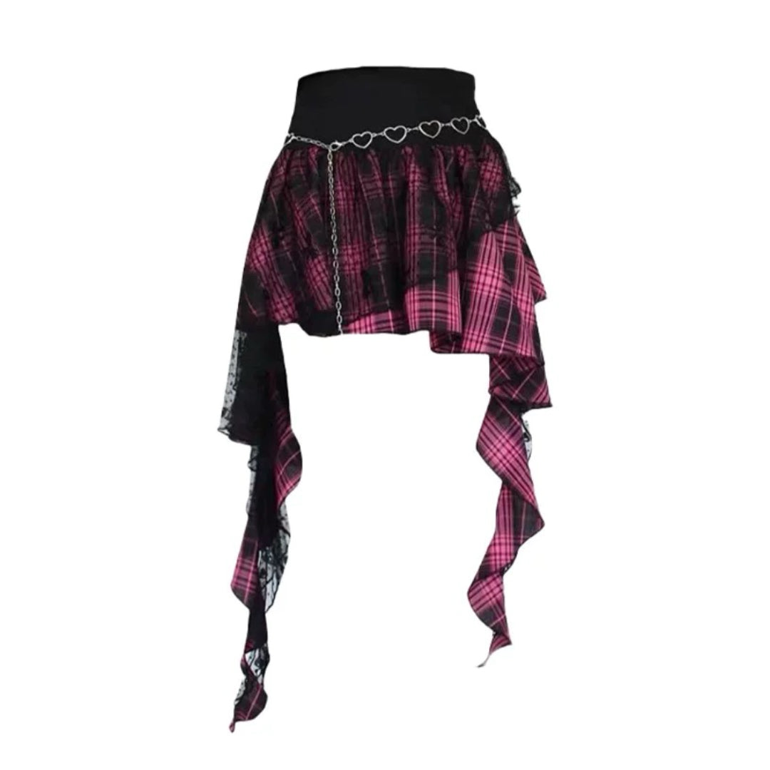 Gothic Lace-Up Irregular Plaid Mesh Skirt with Chain Sweet Punk Y2K Fairycore Mini Skirt
