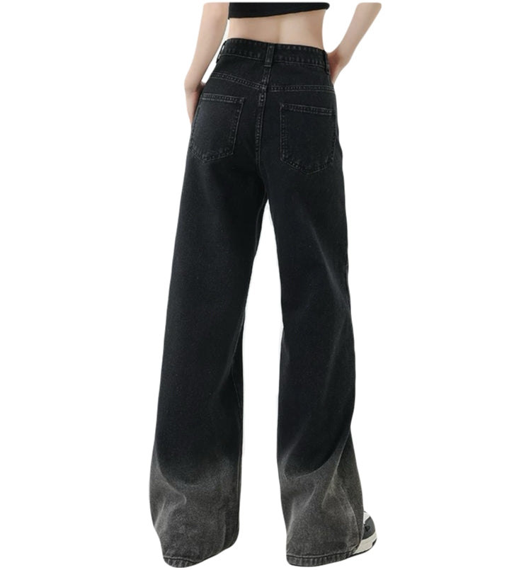 plus size wide leg jeans black denim gradient jeans for women, embroidered streetwear jeans pants