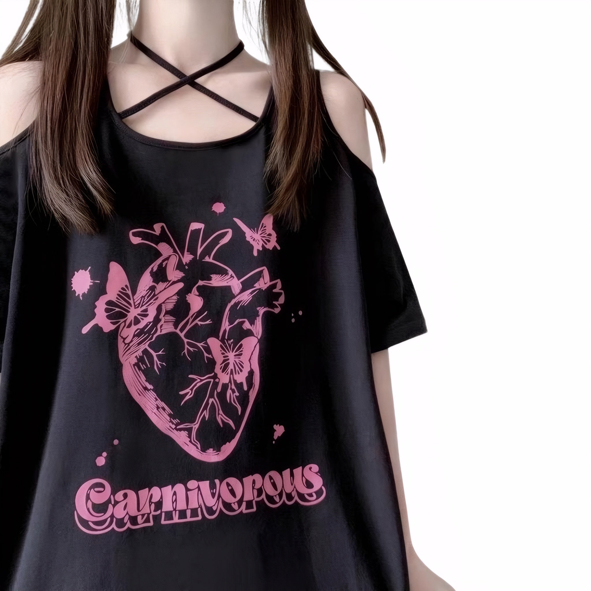 Y2K Off Shoulder Strap T-Shirt Teens Lace-Up Gothic Butterfly Heart Print Tunic Tee