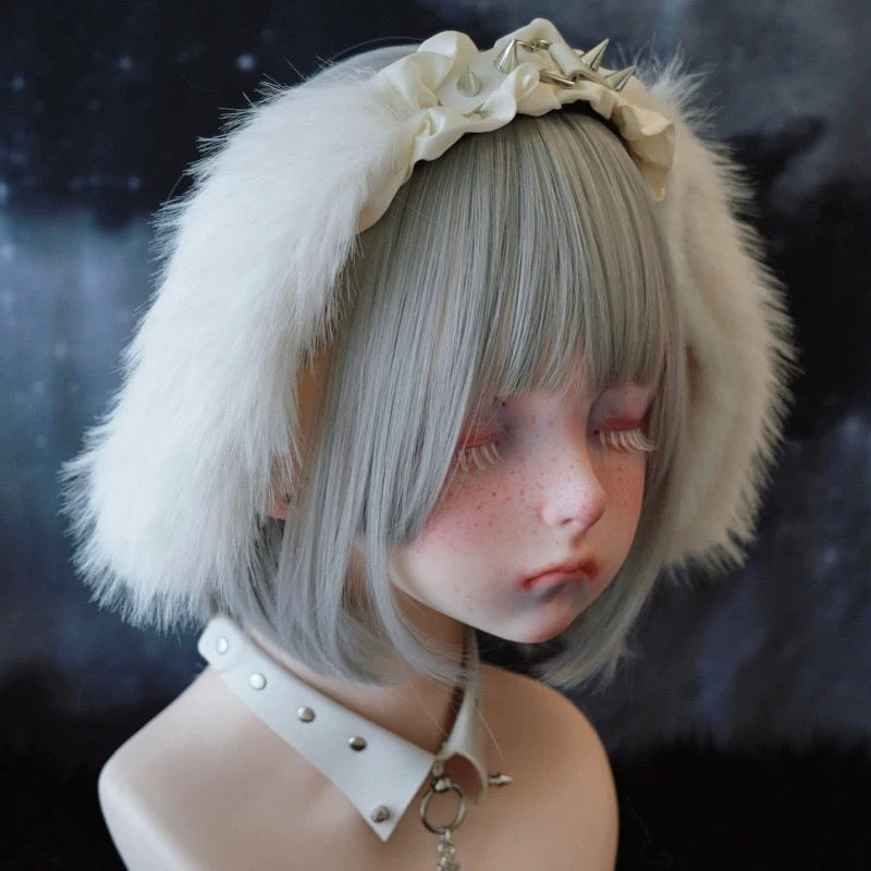 Gothic White Rabbit Ears Headband with Spikes Soft Plush Lolita Punk Hairband for Girls