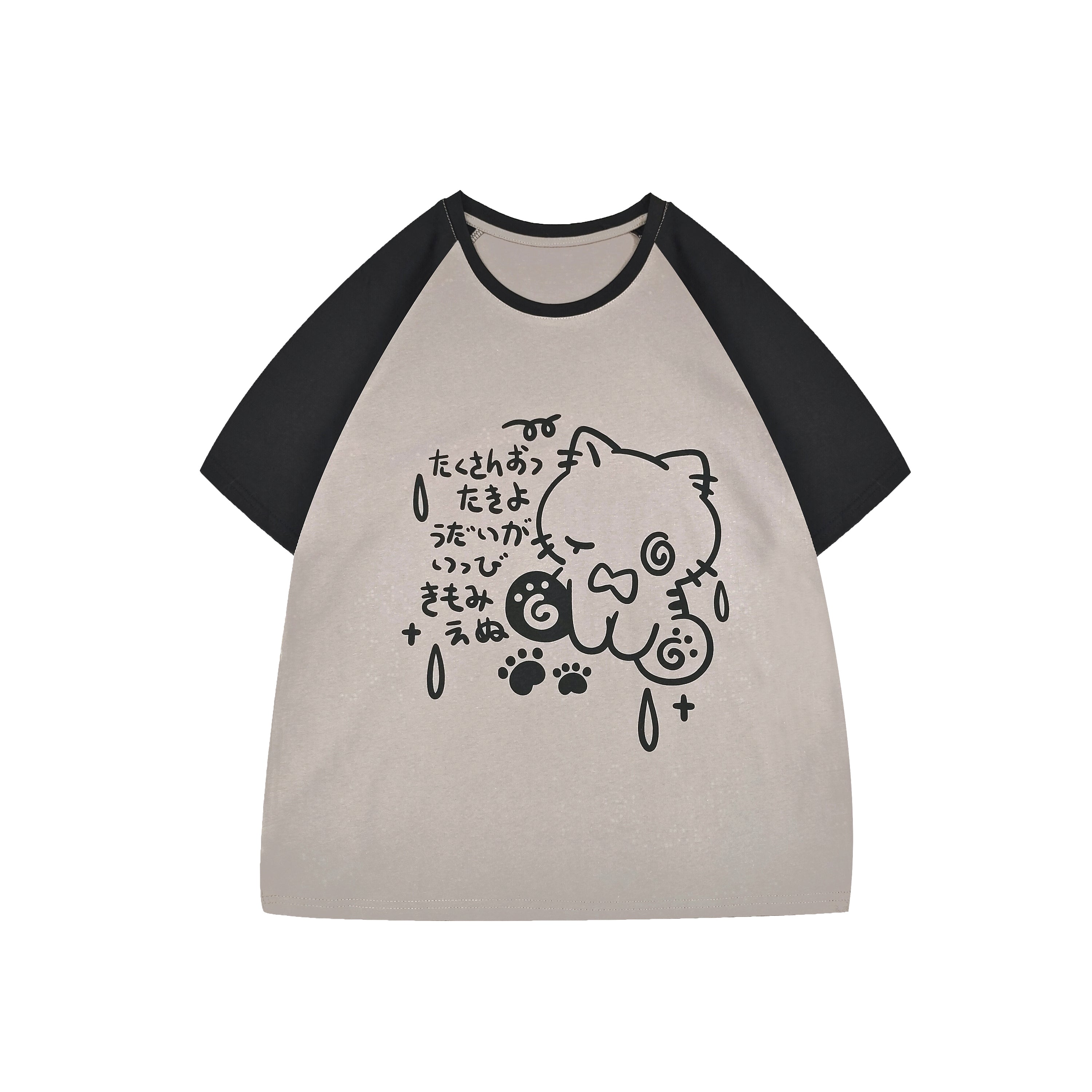 Oversized Japanese Harajuku T-shirt with sad cat and Japanese text