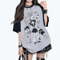 Girl wearing black and grey Push Beeb Yami Kawaii oversized T-shirt with manga print