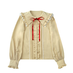 Beige ruffled blouse with red ribbon and lace doll collar vintage ruffle and pleated front